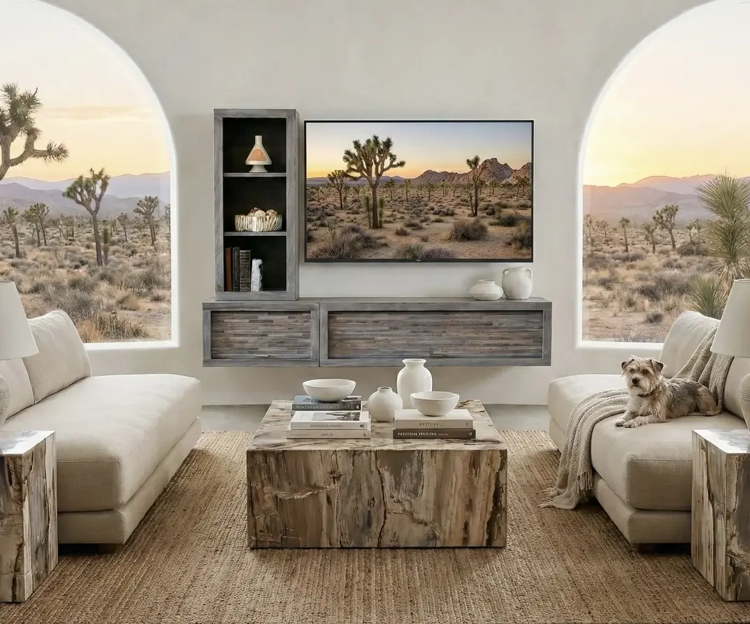 Wall-mounted TV in a bright desert-style living room