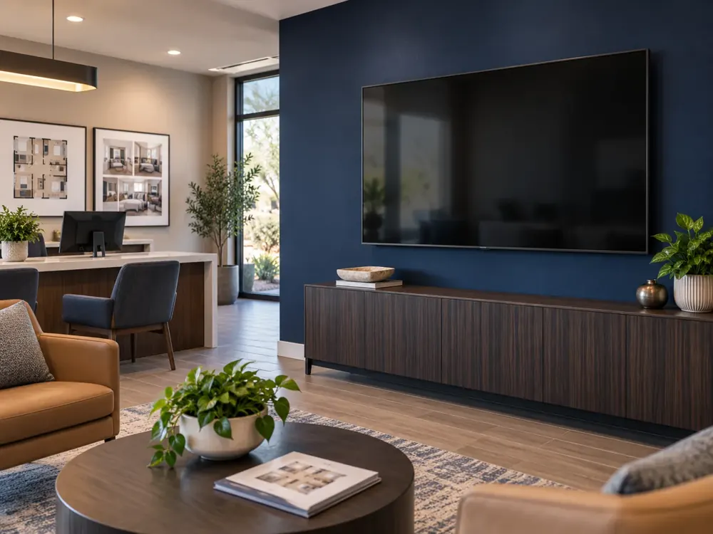 Illustrative apartment leasing office with a TV mounted on a navy wall